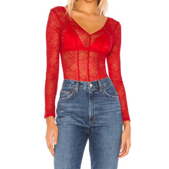 Lovers + Friends Pearson Bodysuit Cherry Red Lace Women’s XS NEW - Picture 9 of 12